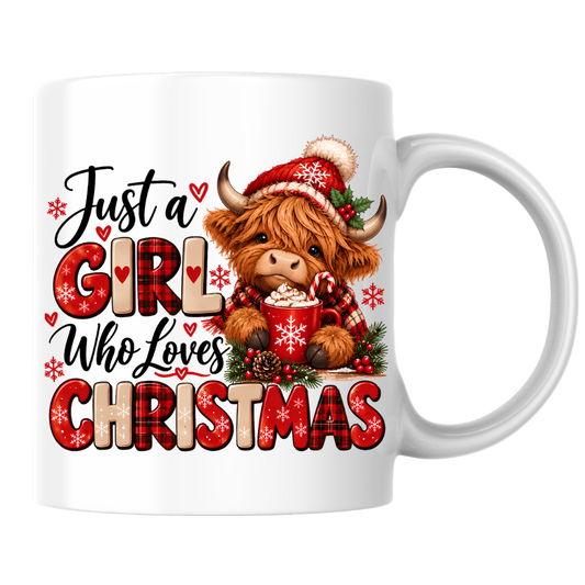 Christmas Highland Cow Mug "Just A Girl Who Loves Christmas" Just A Girl Who Loves Christmas 325ml Ceramic Coffee Mug – Festive Highland Cow in Santa Hat with Hot Cocoa & Buffalo Plaid Typography | Holiday Gift | Fast Dispatch by UK Seller (M3460)