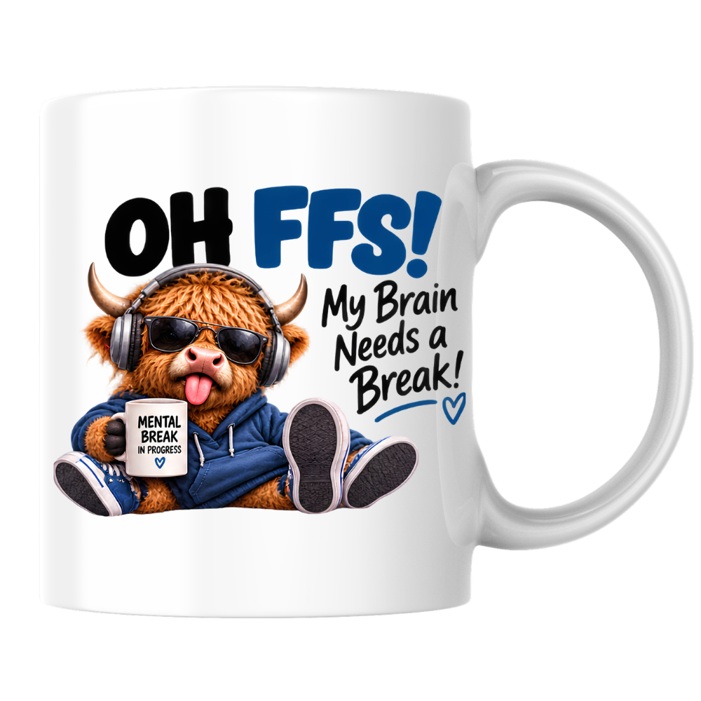 Highland Cow Mental Break Mug "OH FFS! My Brain Needs a Break!" Oh Ffs! My Brain Needs a Break! 325ml Ceramic Coffee Mug – Cute Highland Cow with Headphones, Sunglasses & "Mental Break" Mug | Funny Office Gift | Fast Dispatch by UK Seller (M3382)