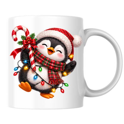Christmas Mug "Happy Christmas Penguin Candy Cane" Happy Penguin 325ml Ceramic Coffee Mug – Festive Christmas Tea Cup with Santa Hat, Plaid Scarf Candy Cane Fairy Lights Graphic Gift | Available in Multicolours | Fast Dispatch by UK Seller (M3187)