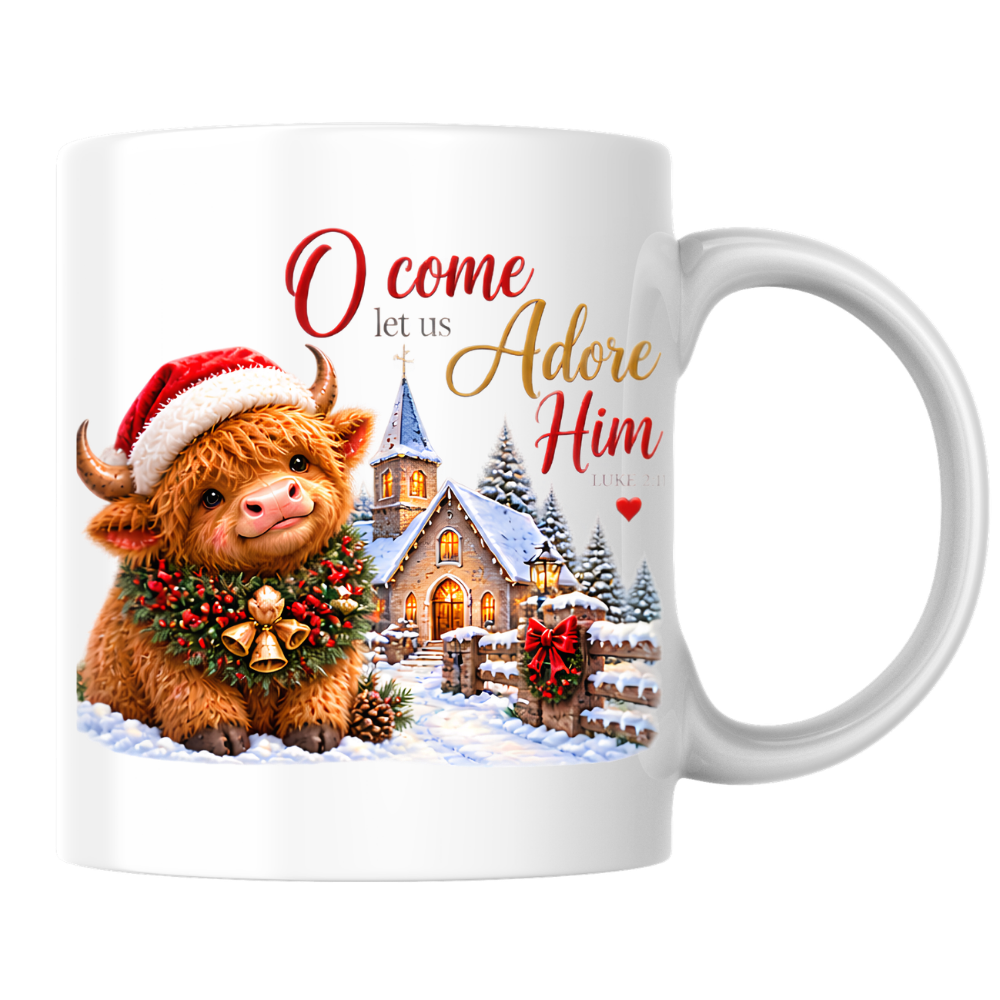 Christmas Mug "O Come Let Us Adore Him Highland Cow" Luke 2:11 325ml Ceramic Coffee Mug – Festive Highland Cow Mug With Christmas Bells Snowy Church Fence Christian Holiday Gift | Available in Multicolours | Fast Dispatch by UK Seller (M3310)