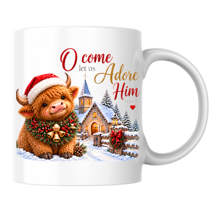 Christmas Mug "O Come Let Us Adore Him Highland Cow" Luke 2:11 325ml Ceramic Coffee Mug – Festive Highland Cow Mug With Christmas Bells Snowy Church Fence Christian Holiday Gift | Available in Multicolours | Fast Dispatch by UK Seller (M3310)