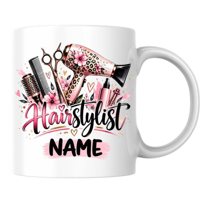 Personalised Mug "Hairstylist" Custom Name Hairdresser Coffee Cup 350ml Ceramic, Male Female Barber Hair Salon Design, Pink Floral Blue Hair Tools, Gift for Stylist Beautician Colleague, Birthday Christmas Secret Santa | Fast Dispatch by UK Seller (M1196)