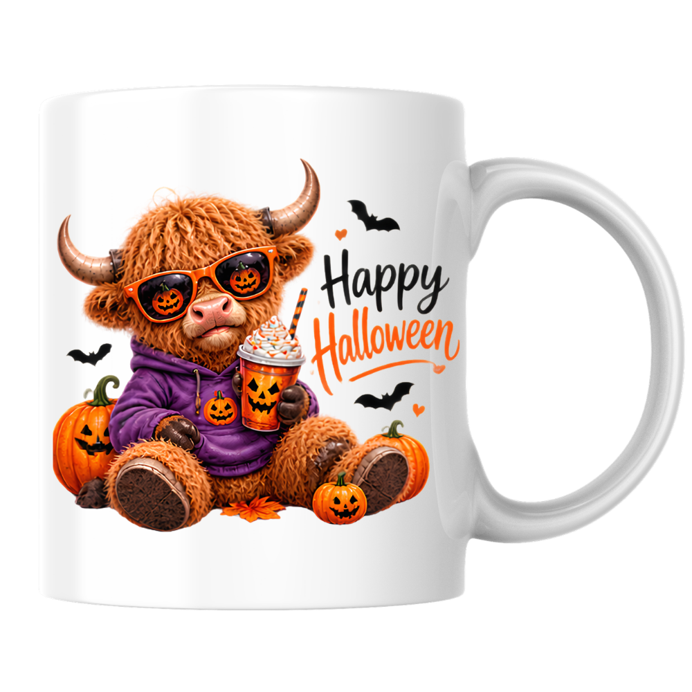 Halloween Mug "Cool Pumpkin Spice Happy Halloween" Cool Hoodie Highland Cow 325ml Ceramic Coffee Mug – Trendy Halloween Tea Cup with Pumpkin Sunglasses Iced Drink Graphic Gift | Available in Multicolours | Fast Dispatch by UK Seller (M3169)