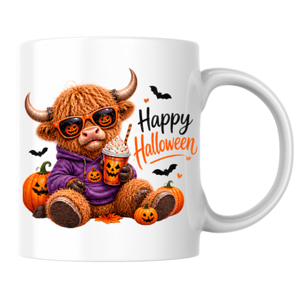 Halloween Mug "Cool Pumpkin Spice Happy Halloween" Cool Hoodie Highland Cow 325ml Ceramic Coffee Mug – Trendy Halloween Tea Cup with Pumpkin Sunglasses Iced Drink Graphic Gift | Available in Multicolours | Fast Dispatch by UK Seller (M3169)