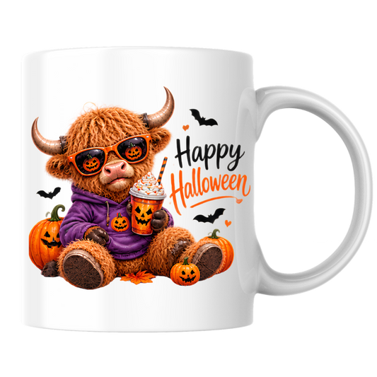 Halloween Mug "Cool Pumpkin Spice Happy Halloween" Cool Hoodie Highland Cow 325ml Ceramic Coffee Mug – Trendy Halloween Tea Cup with Pumpkin Sunglasses Iced Drink Graphic Gift | Available in Multicolours | Fast Dispatch by UK Seller (M3169)