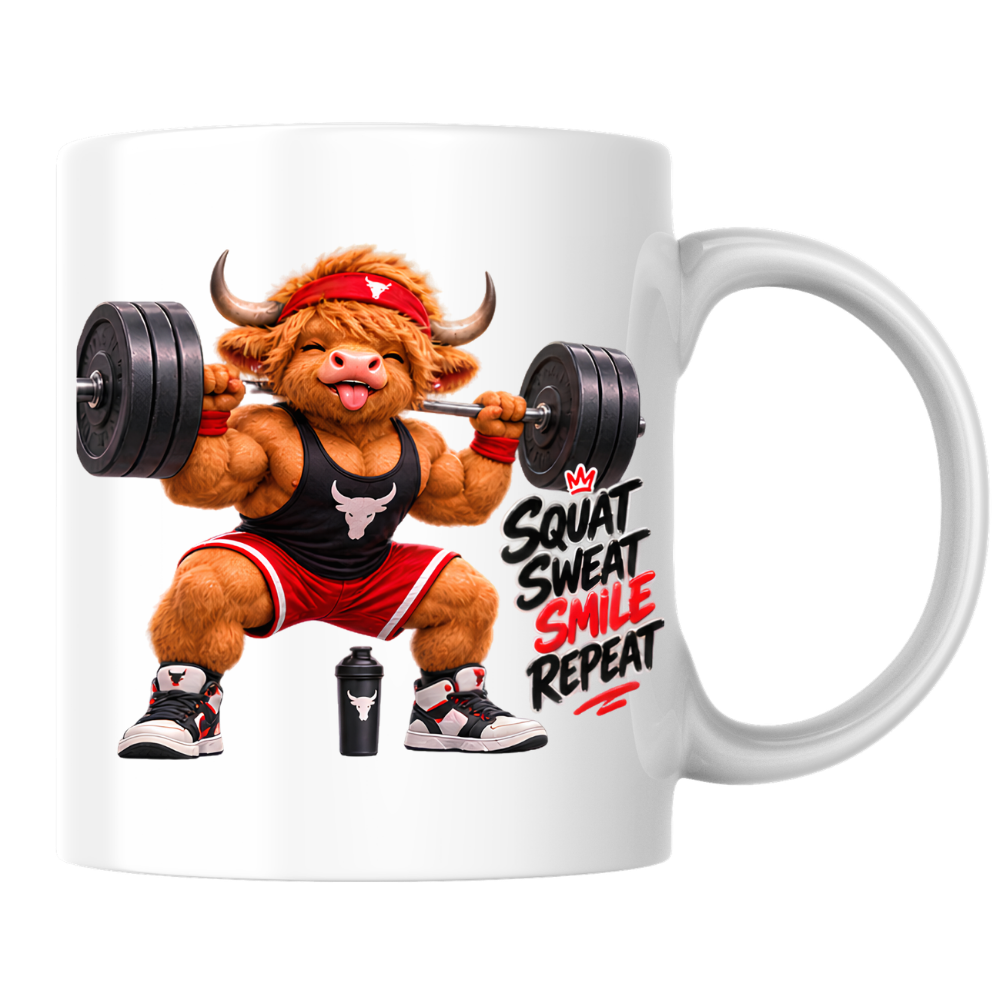 Gym Mug "Squat Sweat Smile Repeat Highland Cow" Squat Sweat Smile Repeat 325ml Ceramic Coffee Mug – Muscular Highland Cow Squatting Heavy Barbell In Headband Tank Top Gym Fitness Gift | Available in Multicolours | Fast Dispatch by UK Seller (M3276)