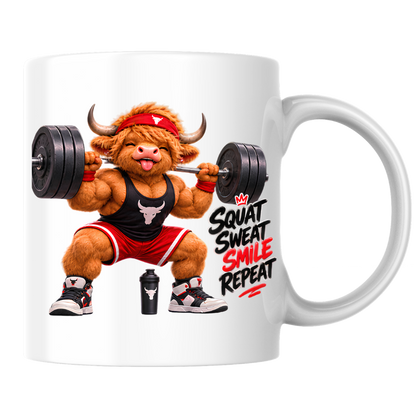 Gym Mug "Squat Sweat Smile Repeat Highland Cow" Squat Sweat Smile Repeat 325ml Ceramic Coffee Mug – Muscular Highland Cow Squatting Heavy Barbell In Headband Tank Top Gym Fitness Gift | Available in Multicolours | Fast Dispatch by UK Seller (M3276)