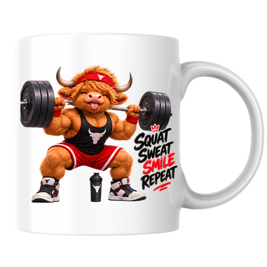 Gym Mug "Squat Sweat Smile Repeat Highland Cow" Squat Sweat Smile Repeat 325ml Ceramic Coffee Mug – Muscular Highland Cow Squatting Heavy Barbell In Headband Tank Top Gym Fitness Gift | Available in Multicolours | Fast Dispatch by UK Seller (M3276)