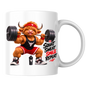 Gym Mug "Squat Sweat Smile Repeat Highland Cow" Squat Sweat Smile Repeat 325ml Ceramic Coffee Mug – Muscular Highland Cow Squatting Heavy Barbell In Headband Tank Top Gym Fitness Gift | Available in Multicolours | Fast Dispatch by UK Seller (M3276)