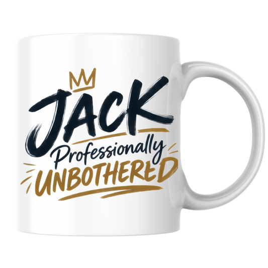 Personalized Name Mug "Jack Professionally Unbothered" Jack Professionally Unbothered 325ml Ceramic Coffee Mug – Custom Name Typography Slogan with Gold Crown & Brushstroke Accents | Funny Gift | Fast Dispatch by UK Seller (M3421)