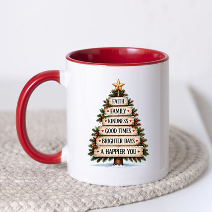 Inspirational "Faith Family Kindness Good Times Brighter Days A Happier You" Wooden Sign Christmas Tree 325 ml Ceramic Coffee Mug Festive Winter Holiday Tea Cup with Golden Star & Rustic Plank Design Gift (M1263)