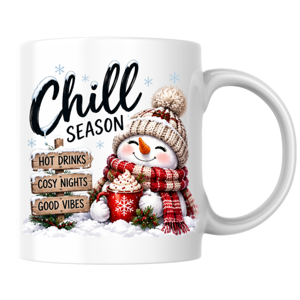 Snowman Chill Season Mug "Chill Season Hot Drinks Cosy Nights Good Vibes" Chill Season Hot Drinks 325ml Ceramic Coffee Mug – Cute Snowman in Beanie & Scarf holding Hot Chocolate Mug with Wooden Sign Post | Winter Gift | Fast Dispatch by UK Seller (M3400)