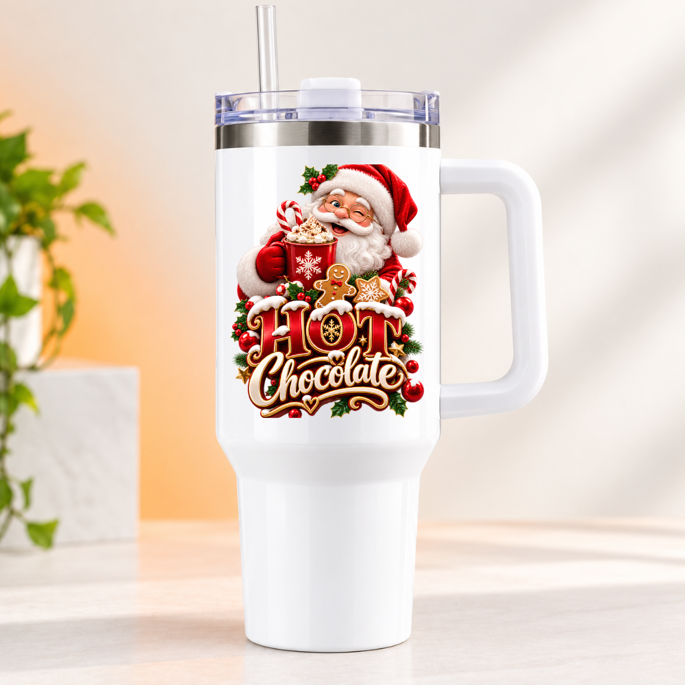 Festive Christmas Travel Tumbler "Hot Chocolate" Graphic 40oz Stainless Steel Insulated Travel Mug with Handle & Straw – Santa Claus with Cocoa Mug, Gingerbread Man & Candy Cane Holiday Gift | Fast Dispatch by UK Seller (T3069)