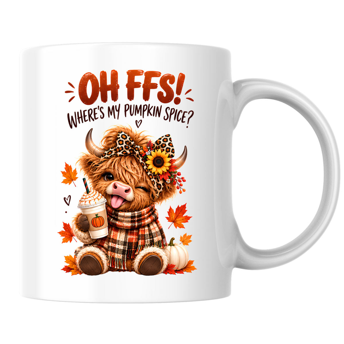 Autumn Highland Cow Mug "Oh FFS! Where's My Pumpkin Spice?" Oh FFS! Where's My Pumpkin Spice? 325ml Ceramic Coffee Mug – Cute Highland Cow with Leopard Bow, Scarf & Pumpkin Coffee | Fall Coffee Lover Gift | Fast Dispatch by UK Seller (M3364)