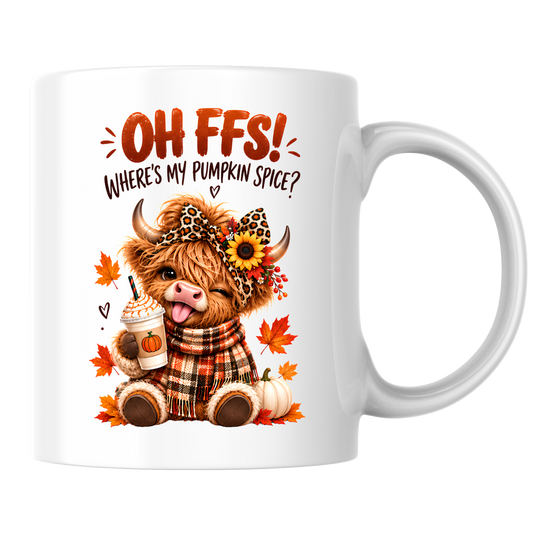 Autumn Highland Cow Mug "Oh FFS! Where's My Pumpkin Spice?" Oh FFS! Where's My Pumpkin Spice? 325ml Ceramic Coffee Mug – Cute Highland Cow with Leopard Bow, Scarf & Pumpkin Coffee | Fall Coffee Lover Gift | Fast Dispatch by UK Seller (M3364)