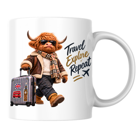 Travel Mug "Travel Explore Repeat Highland Cow" Travel Explore Repeat 325ml Ceramic Coffee Mug – Cool Explorer Highland Cow with Suitcase Shearling Jacket Sunglasses Holiday Wanderlust Gift | Available in Multicolours | Fast Dispatch by UK Seller (M3288)