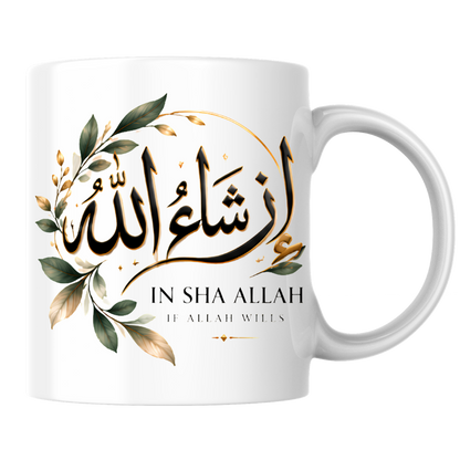 Islamic Mug "In Sha Allah If Allah Wills" In Sha Allah If Allah Wills 325ml Ceramic Coffee Mug – Elegant Arabic Calligraphy & Botanical Foliage Wreath Artwork | Islamic Spiritual Gift | Fast Dispatch by UK Seller (M3477)