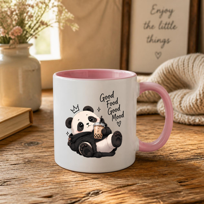 Cute Panda Mug "Good Food Good Mood" Boba Tea Panda 325ml Ceramic Coffee Mug Funny Panda Tea Cup with Crown & Bubble Tea Graphic Gift | Available in Multicolours | Fast Dispatch by UK Seller (M3028)