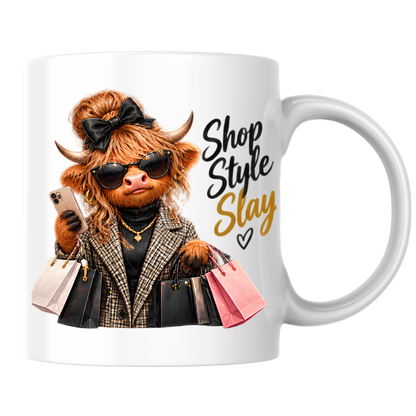 Highland Cow Mug "Shop Style Slay Highland Cow" Shop Style Slay 325ml Ceramic Coffee Mug – Glamorous Highland Cow with Shopping Bags, Smartphone Sunglasses Plaid Coat Fashion Gift | Available in Multicolours | Fast Dispatch by UK Seller (M3282)