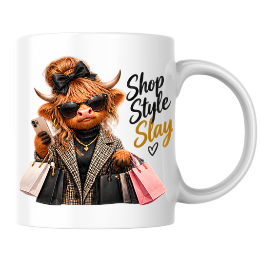 Highland Cow Mug "Shop Style Slay Highland Cow" Shop Style Slay 325ml Ceramic Coffee Mug – Glamorous Highland Cow with Shopping Bags, Smartphone Sunglasses Plaid Coat Fashion Gift | Available in Multicolours | Fast Dispatch by UK Seller (M3282)