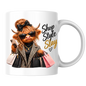 Highland Cow Mug "Shop Style Slay Highland Cow" Shop Style Slay 325ml Ceramic Coffee Mug – Glamorous Highland Cow with Shopping Bags, Smartphone Sunglasses Plaid Coat Fashion Gift | Available in Multicolours | Fast Dispatch by UK Seller (M3282)