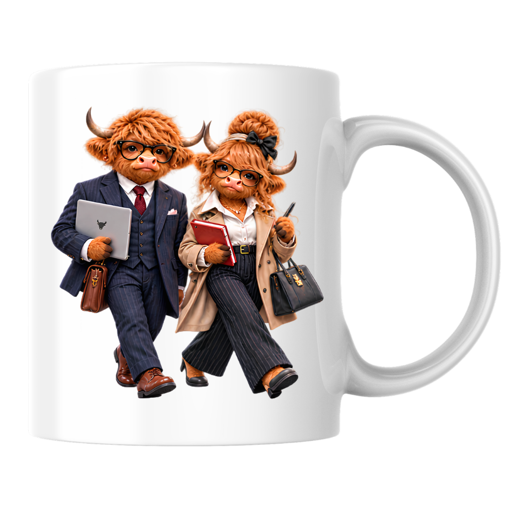 Corporate Mug "Professional Highland Cow Couple" 325ml Ceramic Coffee Mug – Stylish Highland Cow Couple in Suits Coat Holding Laptop Work Office Gift For Coworkers Professionals | Available in Multicolours | Fast Dispatch by UK Seller (M3264)
