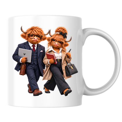 Corporate Mug "Professional Highland Cow Couple" 325ml Ceramic Coffee Mug – Stylish Highland Cow Couple in Suits Coat Holding Laptop Work Office Gift For Coworkers Professionals | Available in Multicolours | Fast Dispatch by UK Seller (M3264)
