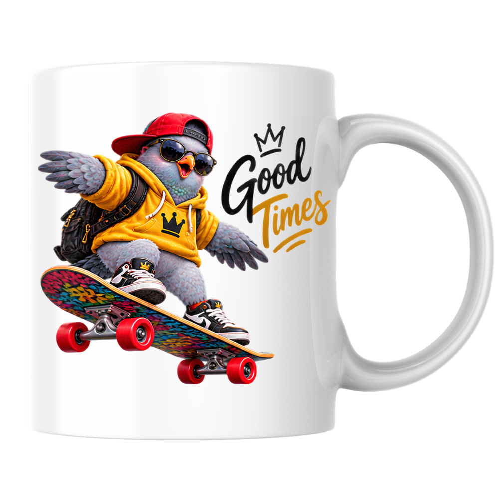 Skateboard Mug "Good Times Cool Pigeon" Good Times 325ml Ceramic Coffee Mug – Cool Skater Pigeon in Yellow Hoodie, Cap, Sunglasses & Skateboard Fun Gift For Skaters Friends | Available in Multicolours | Fast Dispatch by UK Seller (M3245)