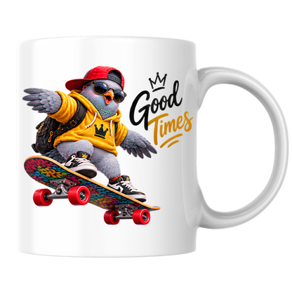 Skateboard Mug "Good Times Cool Pigeon" Good Times 325ml Ceramic Coffee Mug – Cool Skater Pigeon in Yellow Hoodie, Cap, Sunglasses & Skateboard Fun Gift For Skaters Friends | Available in Multicolours | Fast Dispatch by UK Seller (M3245)