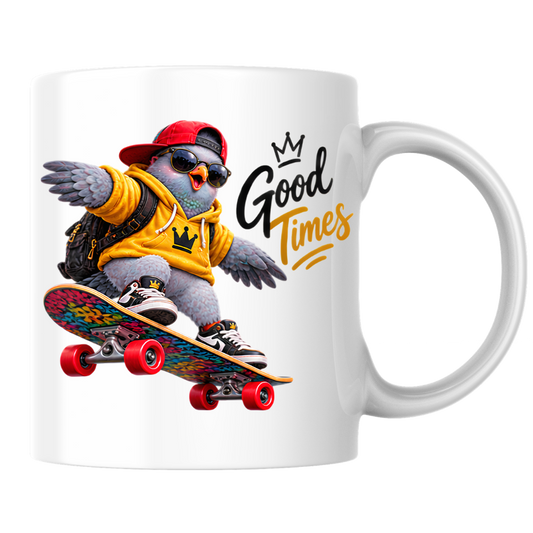 Skateboard Mug "Good Times Cool Pigeon" Good Times 325ml Ceramic Coffee Mug – Cool Skater Pigeon in Yellow Hoodie, Cap, Sunglasses & Skateboard Fun Gift For Skaters Friends | Available in Multicolours | Fast Dispatch by UK Seller (M3245)