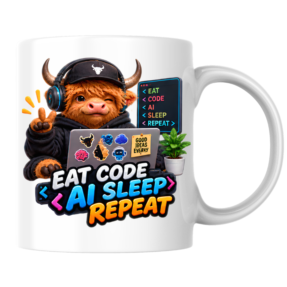 Tech Mug "Eat Code AI Sleep Repeat Highland Cow" 325ml Ceramic Coffee Mug – Cute Highland Cow in Cap & Headphones With Laptop Code Screen Tech Gift For Developers Coders | Available in Multicolours | Fast Dispatch by UK Seller (M3233)