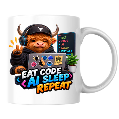 Tech Mug "Eat Code AI Sleep Repeat Highland Cow" 325ml Ceramic Coffee Mug – Cute Highland Cow in Cap & Headphones With Laptop Code Screen Tech Gift For Developers Coders | Available in Multicolours | Fast Dispatch by UK Seller (M3233)