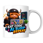 Tech Mug "Eat Code AI Sleep Repeat Highland Cow" 325ml Ceramic Coffee Mug – Cute Highland Cow in Cap & Headphones With Laptop Code Screen Tech Gift For Developers Coders | Available in Multicolours | Fast Dispatch by UK Seller (M3233)