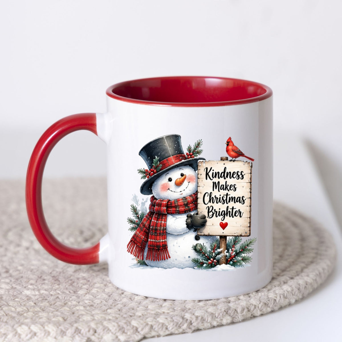 Heartwarming Mug "Kindness Makes Christmas Brighter" Snowman 325ml Ceramic Coffee Mug – Cute Winter Holiday Tea Cup with Top Hat, Cardinal Wooden Sign Gift | Available in Multicolours | Fast Dispatch by UK Seller (M1249)