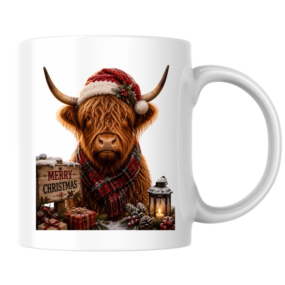 Festive Mug "Merry Christmas Highland Cow" Christmas Highland Cow 325ml Ceramic Coffee Mug Festive Winter Tea Cup with Santa Hat and Tartan Scarf Graphic Gift | Available in Multicolours | Fast Dispatch by UK Seller (M3157)