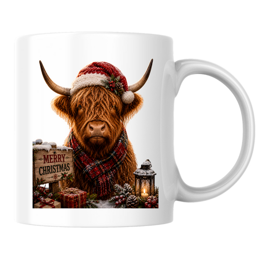 Festive Mug "Merry Christmas Highland Cow" Christmas Highland Cow 325ml Ceramic Coffee Mug Festive Winter Tea Cup with Santa Hat and Tartan Scarf Graphic Gift | Available in Multicolours | Fast Dispatch by UK Seller (M3157)