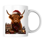 Festive Mug "Merry Christmas Highland Cow" Christmas Highland Cow 325ml Ceramic Coffee Mug Festive Winter Tea Cup with Santa Hat and Tartan Scarf Graphic Gift | Available in Multicolours | Fast Dispatch by UK Seller (M3157)