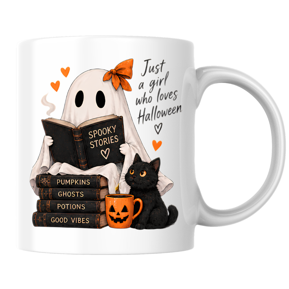 Halloween Mug "Reading Ghost Just a Girl Who Loves Halloween" 325ml Ceramic Coffee Mug–Cute Halloween Autumn Tea Cup With Reading Sheet Ghost Spooky Books Cat Graphic Gift | Available in Multicolours | Fast Dispatch by UK Seller (M3227)
