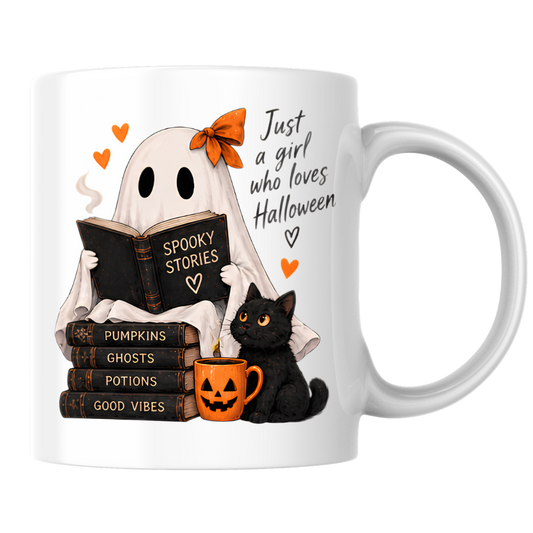 Halloween Mug "Reading Ghost Just a Girl Who Loves Halloween" 325ml Ceramic Coffee Mug–Cute Halloween Autumn Tea Cup With Reading Sheet Ghost Spooky Books Cat Graphic Gift | Available in Multicolours | Fast Dispatch by UK Seller (M3227)
