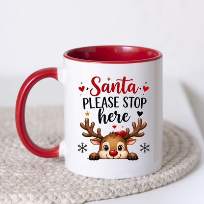 Festive Mug "Santa Please Stop Here" Reindeer Peeking 325ml Ceramic Coffee Mug Cute Winter Holiday Tea Cup with Red Nose, Snowflakes & Hearts Gift | Available in Multicolours | Fast Dispatch by UK Seller (M1274)