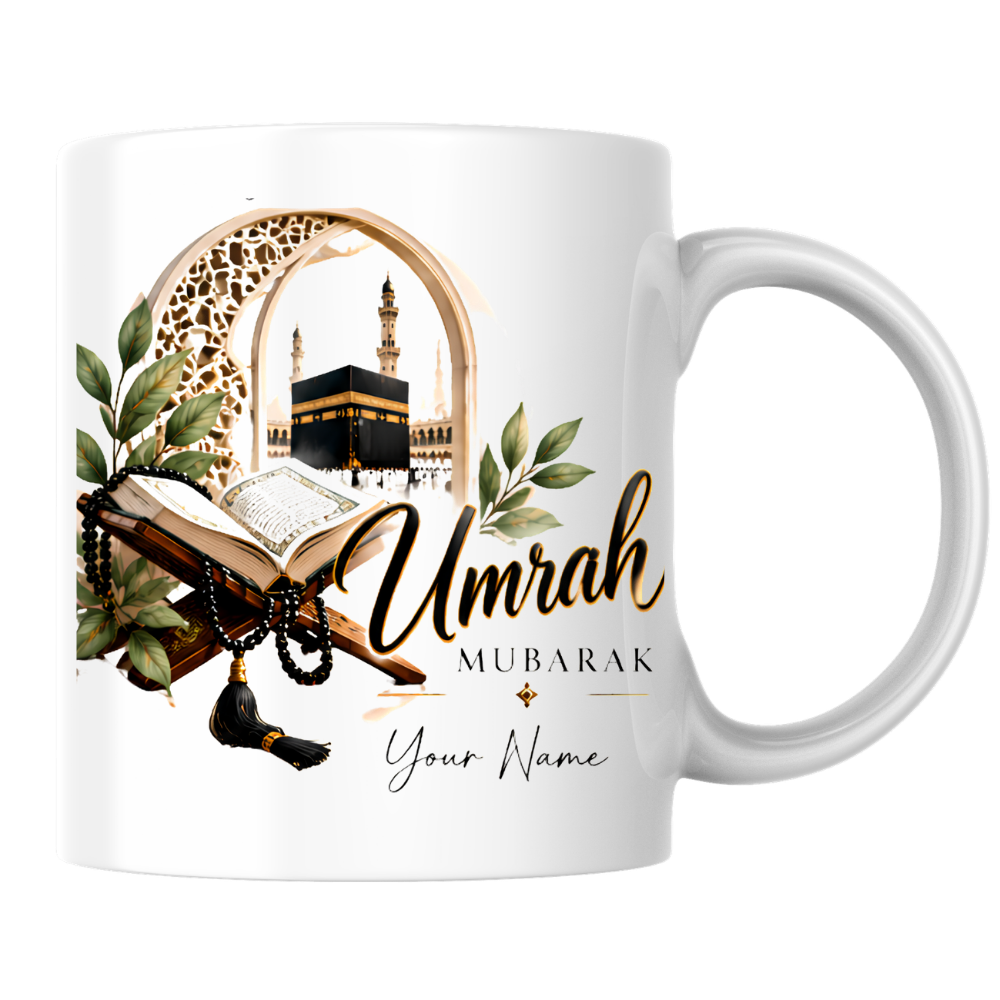 Personalised Umrah Mubarak Mug 325ml Ceramic Coffee Tea Cup – Custom Name, Holy Kaaba, Open Quran & Tasbih Prayer Beads Islamic Pilgrimage Gift for Family, Friends, Hajj Celebration – Fast Dispatch by UK Seller (M3489)