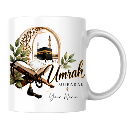 Personalised Umrah Mubarak Mug 325ml Ceramic Coffee Tea Cup – Custom Name, Holy Kaaba, Open Quran & Tasbih Prayer Beads Islamic Pilgrimage Gift for Family, Friends, Hajj Celebration – Fast Dispatch by UK Seller (M3489)