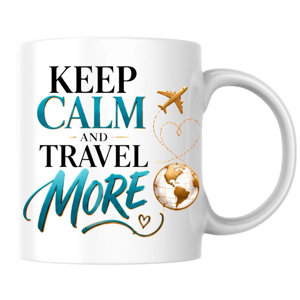 Travel Mug "Keep Calm And Travel More" 325ml Ceramic Coffee Tea Cup – Teal & Gold Typography, Globe & Airplane Slogan Novelty Gift for Travelers, Adventurers, Birthday – Fast Dispatch by UK Seller (M3495)