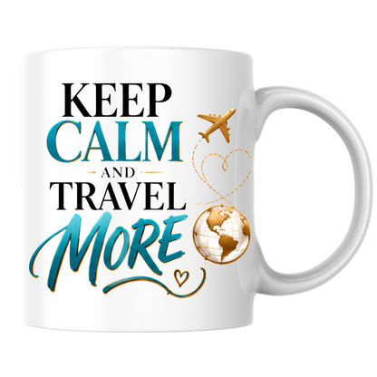 Travel Mug "Keep Calm And Travel More" 325ml Ceramic Coffee Tea Cup – Teal & Gold Typography, Globe & Airplane Slogan Novelty Gift for Travelers, Adventurers, Birthday – Fast Dispatch by UK Seller (M3495)