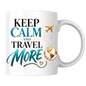 Travel Mug "Keep Calm And Travel More" 325ml Ceramic Coffee Tea Cup – Teal & Gold Typography, Globe & Airplane Slogan Novelty Gift for Travelers, Adventurers, Birthday – Fast Dispatch by UK Seller (M3495)