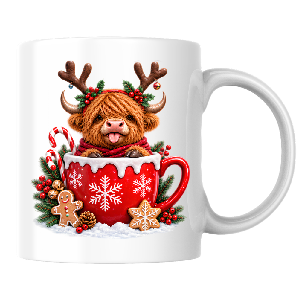 Christmas Mug "Reindeer Antlers Teacup Highland Cow" Reindeer Highland Cow 325ml Ceramic Coffee Mug – Cute Christmas Teacup Present with Gingerbread Man Candy Canes Graphic Gift | Available in Multicolours | Fast Dispatch by UK Seller (M3175)