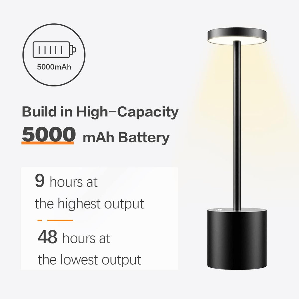 Rechargeable LED Table Lamp, 5000mAh Cordless Battery Operated Table Lamps, 3 Color Modes, USB Desk Light for Home, Dining, Bedside, Outdoor, Living Room -Black