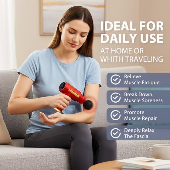 Massage Gun Deep Tissue for Pain Relief with 4 Massage Heads & 6 Speeds Screen, Electric Mini Handheld Body Massager for Any Pain Relief, Best Gifts for Dad and Mom/him/her on Birthday/Party (Red)