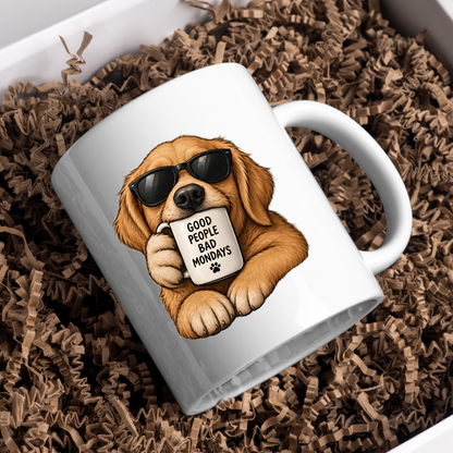 Funny Dog Mug "GOOD PEOPLE BAD MONDAYS" Cool Golden Retriever 325ml Ceramic Coffee Mug Sarcastic Puppy Tea Cup with Sunglasses & Mini Mug Graphic Gift | Available in Multicolours | Fast Dispatch by UK Seller (M3004)