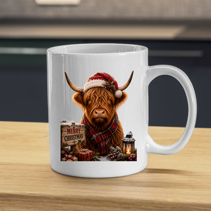 Festive Mug "Merry Christmas Highland Cow" Christmas Highland Cow 325ml Ceramic Coffee Mug Festive Winter Tea Cup with Santa Hat and Tartan Scarf Graphic Gift | Available in Multicolours | Fast Dispatch by UK Seller (M3157)
